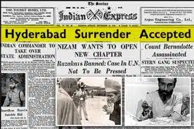headline in the newpaper about the surrender of Hyderabad to India