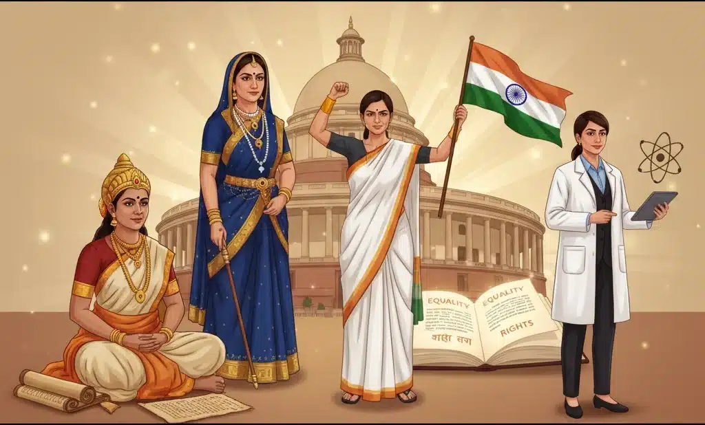 भारत में महिला सशक्तिकरण का इतिहास दर्शाने वाली प्रतीकात्मक छवि, जिसमें प्राचीन विदुषी, मध्यकालीन रानी, स्वतंत्रता सेनानी और आधुनिक भारतीय महिला की छवि दिखाई गई है।