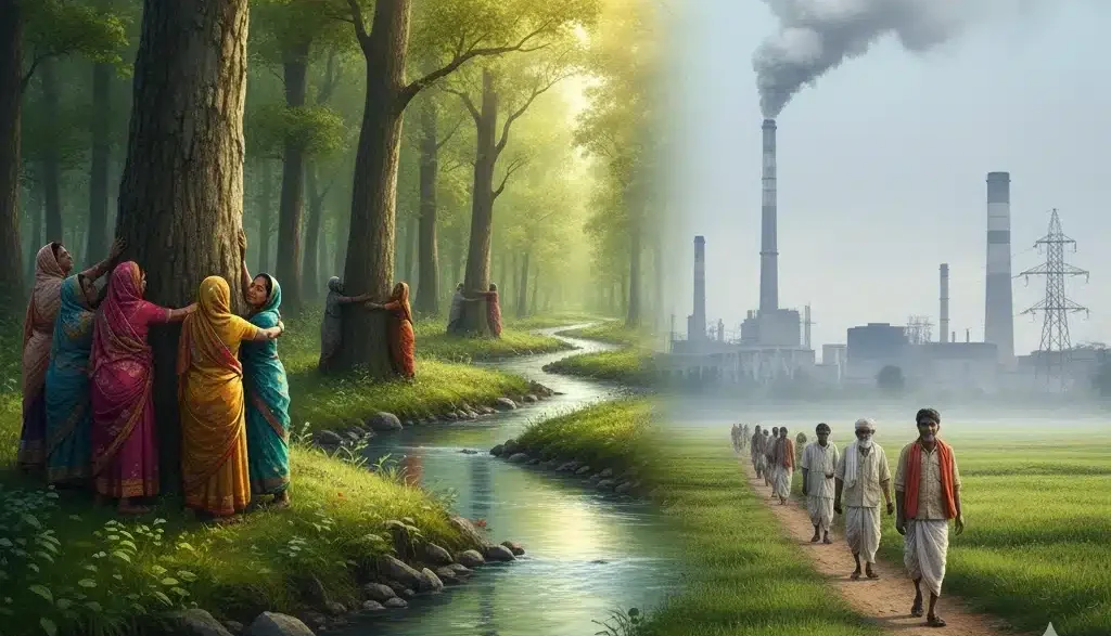 भारत में पर्यावरण आंदोलन का प्रतीक – ग्रामीण महिलाएँ पेड़ों को गले लगाती हुईं, पीछे जंगल और प्रदूषण का दृश्य