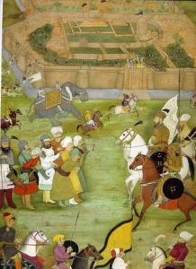 १६३८ में किलिज खान को चाबियां सौंपते हुए फारसी सेना, कंधार के समर्पण का चित्र, पादशाहनामा की लघु पेंटिंग।