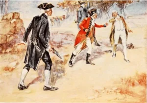 Warren Hastings और Sir Philip Francis के बीच द्वंद्वयुद्ध, चित्र में दोनों अधिकारी लड़ते हुए दिखाए गए हैं।