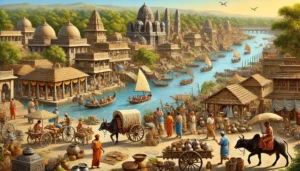 Bustling ancient Indian marketplace along the Ganges River during the Buddhist era, showing traders, ox-drawn carts, boats, and traditional architecture.