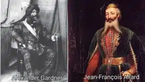 Maharaja Ranjit Singh's army, featuring European officers Jean-François Allard and Alexander Gardner, showcasing the diverse composition of his forces.