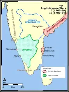 Map showing Nizam, Mysore, and British territories during the First and Second Anglo-Mysore Wars.