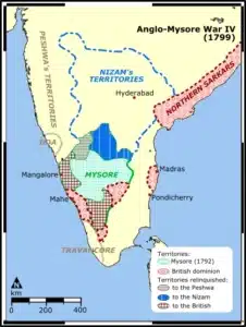 Map showing Nizam, Mysore, Maratha, and British territories during the Fourth Anglo-Mysore War.