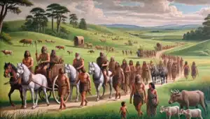Aryan tribe migration with women and children, depicting ancient journey across regions.