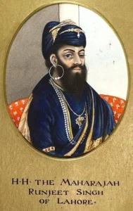 Portrait of Maharaja Ranjit Singh, the founder of the Sikh Empire, depicted in traditional royal attire with a turban and regal jewelry.