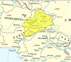 Map depicting the Kingdom of Maharaja Ranjit Singh, illustrating the expanse of the Sikh Empire at its peak.