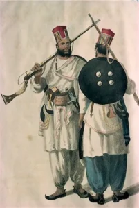 Sindi foot soldiers of Talpura era in historical attire, showcasing traditional armor and weapons.