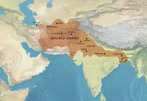 Map of the Ghurid Empire, showing its territorial extent during its peak, with regions spanning parts of modern-day Afghanistan, Iran, Pakistan, and India.