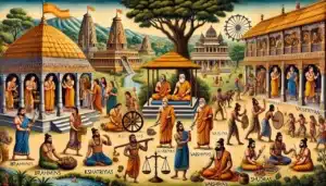 Here is an illustration of Mauryan society, depicting the four varnas—Brahmins, Kshatriyas, Vaishyas, and Shudras—engaged in their respective roles within a detailed and harmonious setting