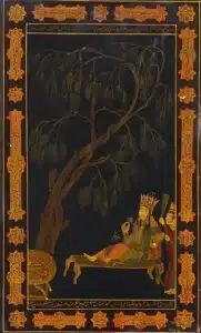 Painting of Razia Sultana from the Delhi Sultanate on the lacquer-binding cover of a manuscript of Tulsi Das' 'Ramcharitmanas', c. 1830–36.