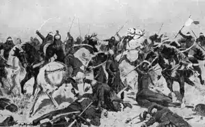 Depiction of the Second Battle of Tarain, where the forces of Prithviraj Chauhan clashed with Muhammad Ghori's army in 1192.