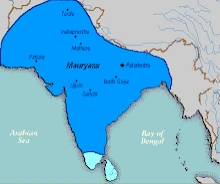 Map showing the extent of Emperor Ashoka's Maurya Empire at its height, covering India, parts of Pakistan, Afghanistan, Bangladesh, Myanmar, and Iran.