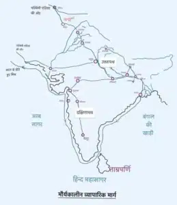Map of India showing trade routes during the Mauryan period, including Uttarapath, Dakshinapath, and coastal trade routes.