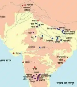 Map of India highlighting the locations of Ashoka's Shilalekhs (rock edicts), Abhilekhs (inscriptions), and Gufalekhs (cave inscriptions), showcasing the spread of Ashoka's influence and Buddhist teachings across the country.