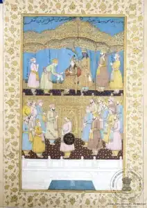 Painting of Razia Sultan holding the court durbar, showcasing her leadership.