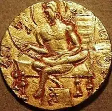 समुद्रगुप्त के इतिहास के स्रोत दर्शाता वीणावादन प्रकार स्वर्ण सिक्का