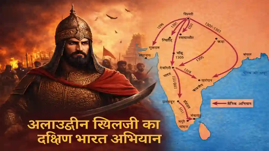 अलाउद्दीन खिलजी का दक्षिण भारत अभियान दर्शाता अभियानात्मक मानचित्र