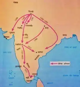 अलाउद्दीन खिलजी का दक्षिण भारत अभियान दर्शाता सैन्य मार्ग मानचित्र