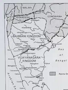 रायचूर दोआब दर्शाता विजयनगर–बहमनी सीमांत मानचित्र